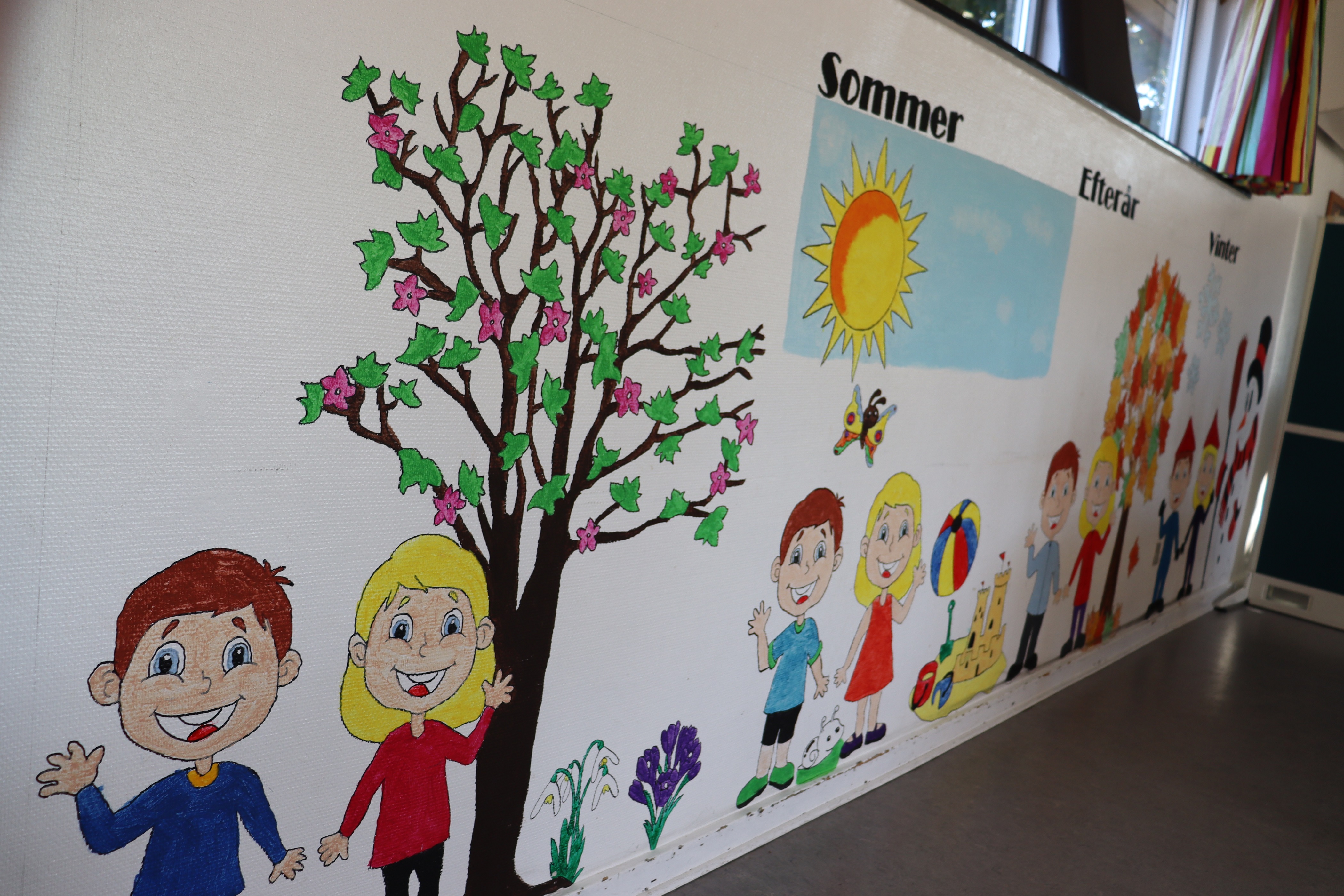 En væg inde i børnehaven, der viser de fire årstider